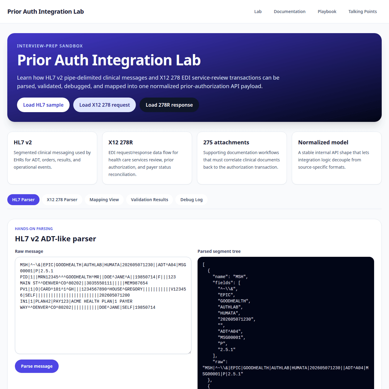 Prior Auth Integration Lab demo screenshot